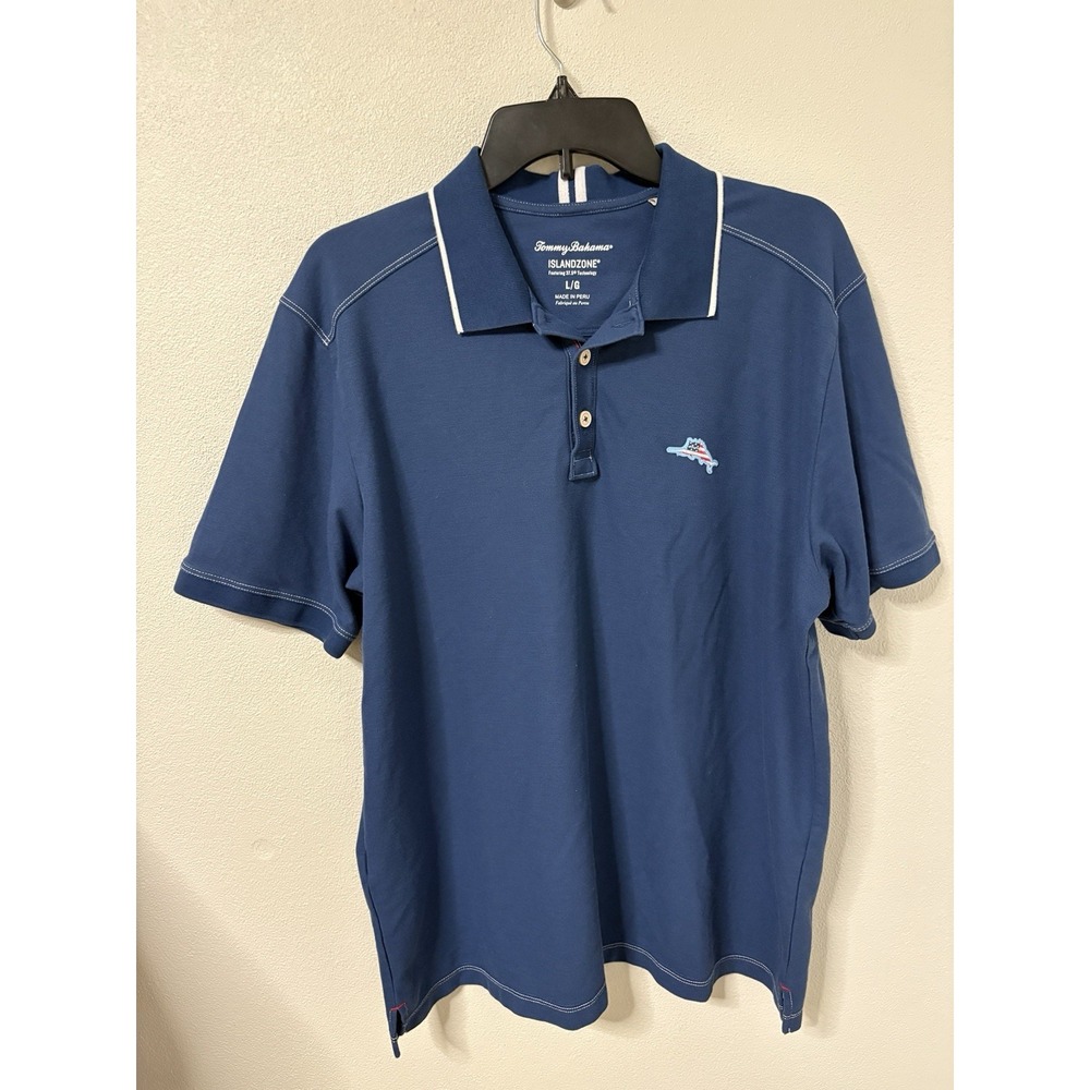 Tommy Bahama Polo Shirt Mens Large Blue Island Zone Aloha America Patriotic Golf